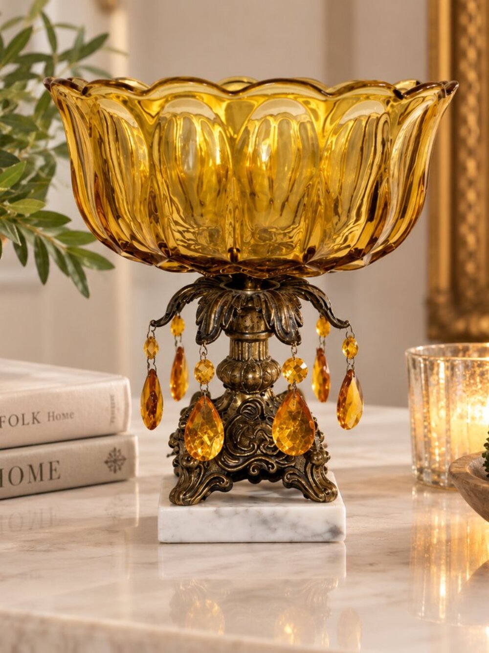 Vintage Amber Glass Compote Ornate Pedestal 7 Hanging Prisms Marble Base